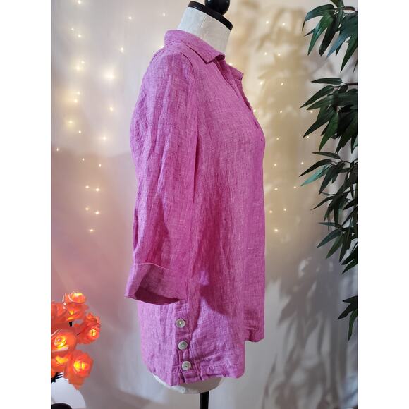 Tahari NWT 100% Linen Pink 1/2 Sleeve V-Neck Collared Tunic Top Women's Size S - Picture 4 of 8